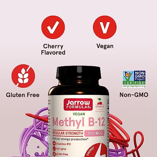 Jarrow Formulas® Methyl B-12 Tabletten, 500 mg, Nahrungsergänzungsmittel für zelluläre Energieproduktion und Gehirngesundheit, 100 Kirschgeschmack Kautabletten, 100-Tage-Versorgung