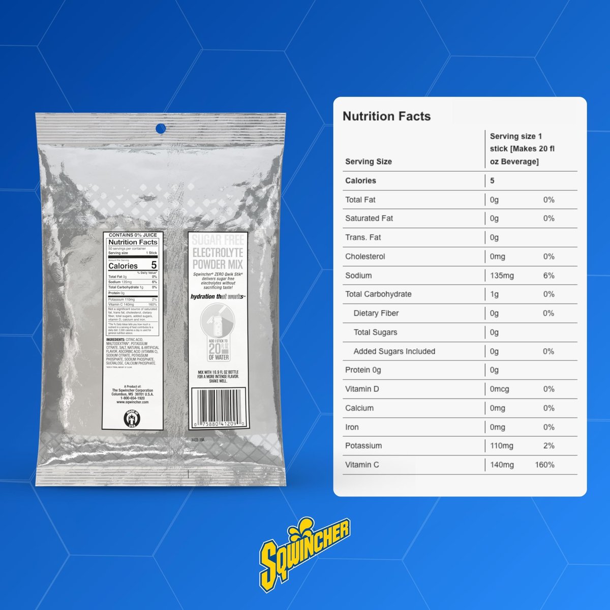 Sqwincher Zero Qwik Stik, Cool Citrus, Zuckerfrei, Kalorienarm, Natriumarm Elektrolyt-Pulver Hydrationsgetränk, 0,11 oz Beutel (50er-Pack)