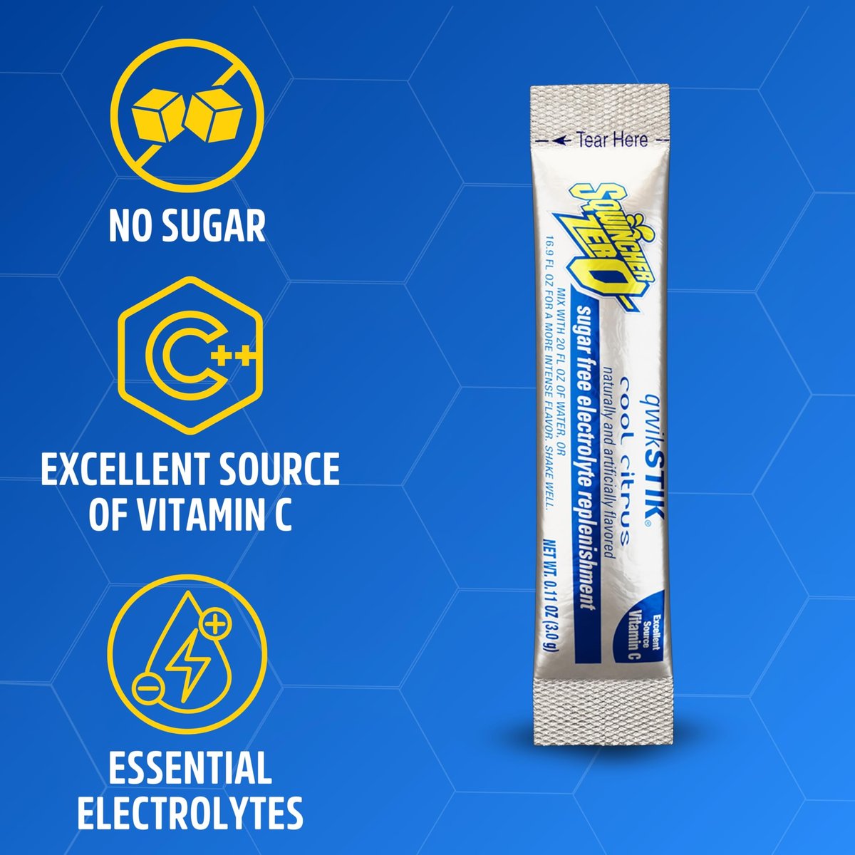 Sqwincher Zero Qwik Stik, Cool Citrus, Zuckerfrei, Kalorienarm, Natriumarm Elektrolyt-Pulver Hydrationsgetränk, 0,11 oz Beutel (50er-Pack)