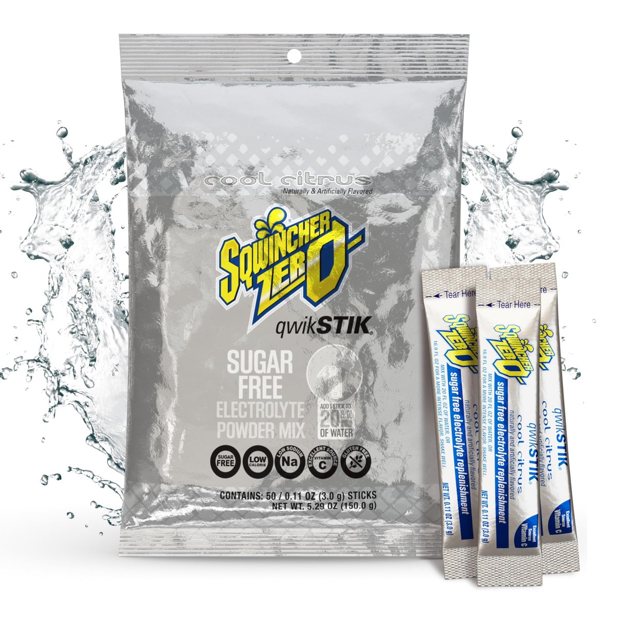 Sqwincher Zero Qwik Stik, Cool Citrus, Zuckerfrei, Kalorienarm, Natriumarm Elektrolyt-Pulver Hydrationsgetränk, 0,11 oz Beutel (50er-Pack)