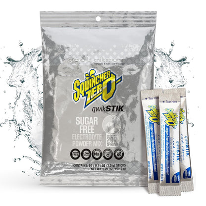 Sqwincher Zero Qwik Stik, Cool Citrus, Zuckerfrei, Kalorienarm, Natriumarm Elektrolyt-Pulver Hydrationsgetränk, 0,11 oz Beutel (50er-Pack)