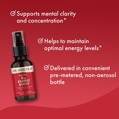 Dr. Mercola Methyl B12 Energy Boost - Schnell absorbierendes Spray - Aktives Vitamin B12 als Methylcobalamin - Natürlicher Blackberry-Geschmack - 39 Portionen