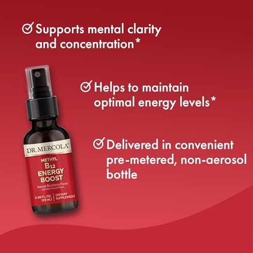 Dr. Mercola Methyl B12 Energy Boost - Schnell absorbierendes Spray - Aktives Vitamin B12 als Methylcobalamin - Natürlicher Blackberry-Geschmack - 39 Portionen