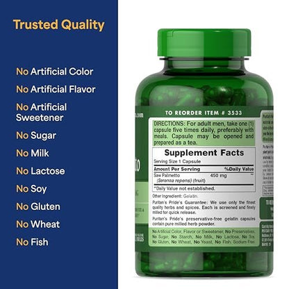 Puritan's Pride Flow Guard™ Sägepalmen-Extrakt 450 mg, natürliches pflanzliches Nahrungsergänzungsmittel zur Unterstützung der Prostata- und Harnwegsgesundheit bei Männern, 200 Kapseln mit schneller Freisetzung