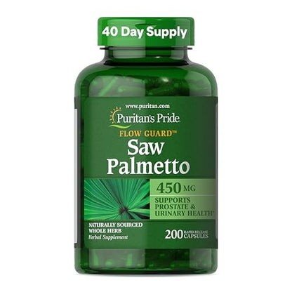 Puritan's Pride Flow Guard™ Sägepalmen-Extrakt 450 mg, natürliches pflanzliches Nahrungsergänzungsmittel zur Unterstützung der Prostata- und Harnwegsgesundheit bei Männern, 200 Kapseln mit schneller Freisetzung