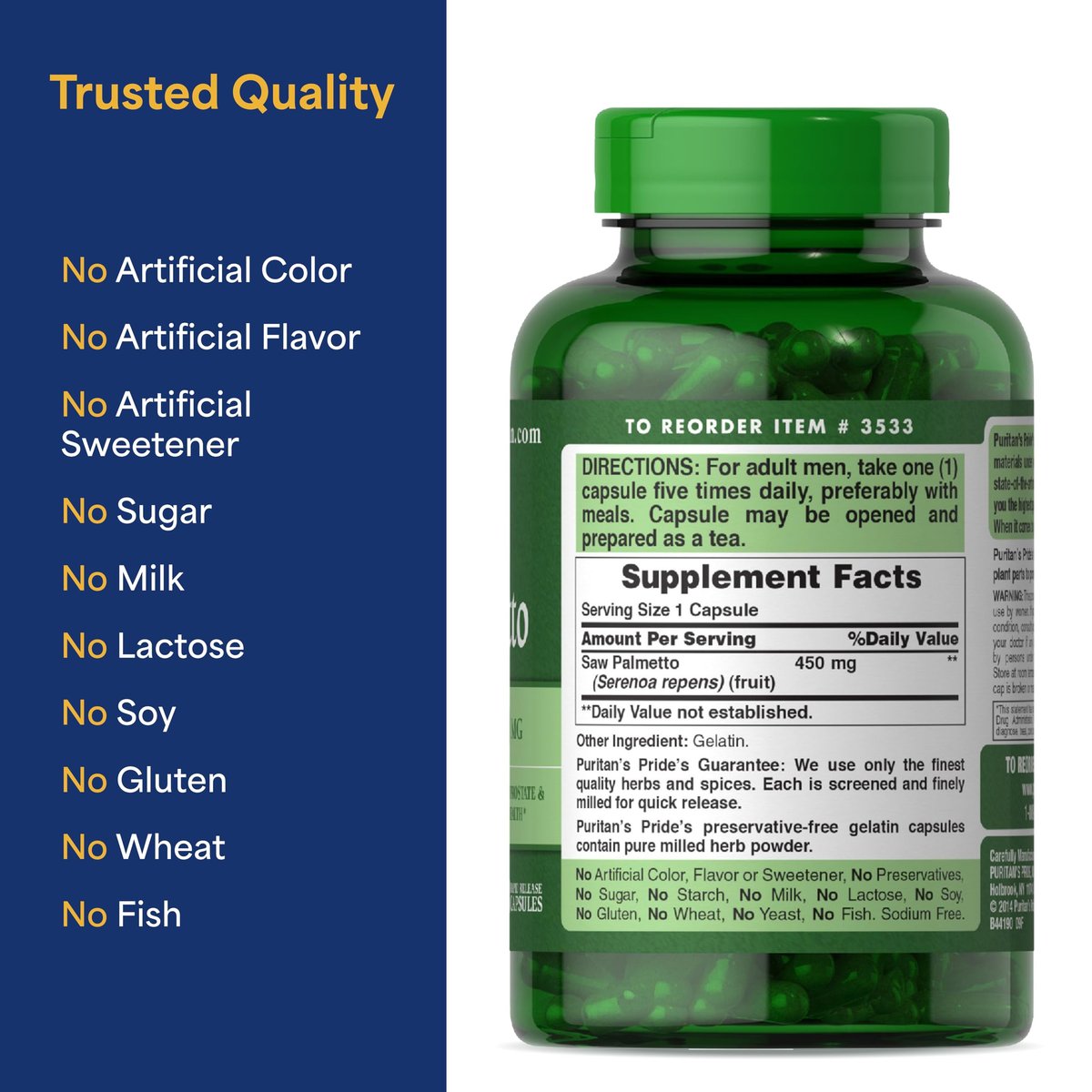 Puritan's Pride Flow Guard™ Sägepalmen-Extrakt 450 mg, natürliches pflanzliches Nahrungsergänzungsmittel zur Unterstützung der Prostata- und Harnwegsgesundheit bei Männern, 200 Kapseln mit schneller Freisetzung