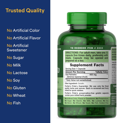 Puritan's Pride Flow Guard™ Sägepalmen-Extrakt 450 mg, natürliches pflanzliches Nahrungsergänzungsmittel zur Unterstützung der Prostata- und Harnwegsgesundheit bei Männern, 200 Kapseln mit schneller Freisetzung