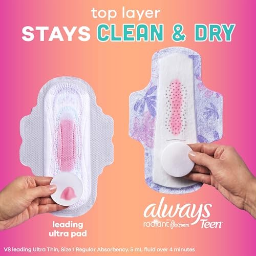 Always Radiant Teen Damenbinden für Frauen, Größe 1, Saugstärke Normal, mit Flügeln, unparfümiert, 14 Stück