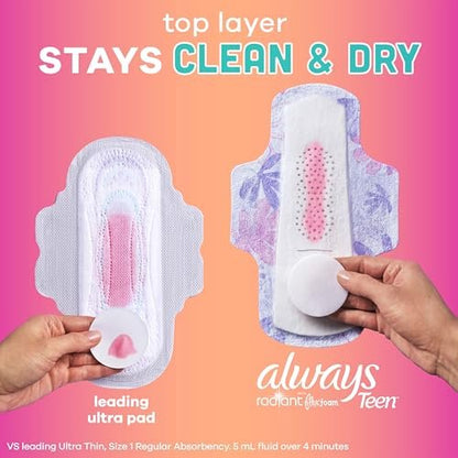 Always Radiant Teen Damenbinden für Frauen, Größe 1, Saugstärke Normal, mit Flügeln, unparfümiert, 14 Stück