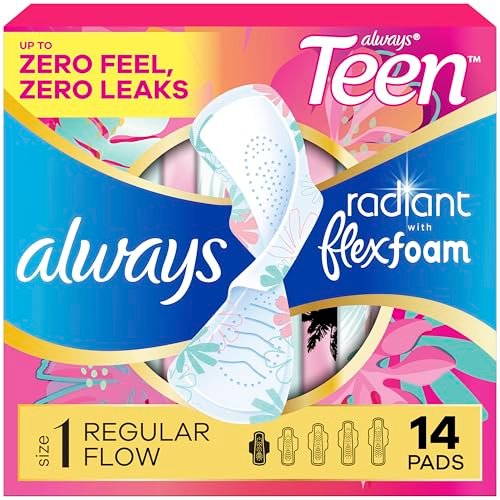 Always Radiant Teen Damenbinden für Frauen, Größe 1, Saugstärke Normal, mit Flügeln, unparfümiert, 14 Stück