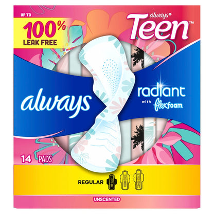 Always Radiant Teen Damenbinden für Frauen, Größe 1, Saugstärke Normal, mit Flügeln, unparfümiert, 14 Stück