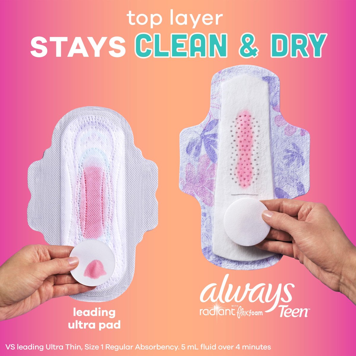 Always Radiant Teen Damenbinden für Frauen, Größe 1, Saugstärke Normal, mit Flügeln, unparfümiert, 14 Stück