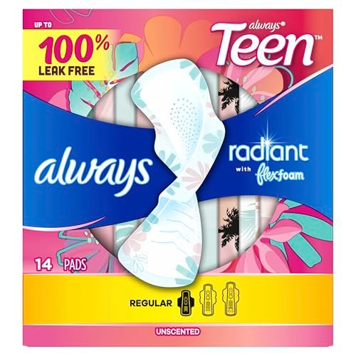 Always Radiant Teen Damenbinden für Frauen, Größe 1, Saugstärke Normal, mit Flügeln, unparfümiert, 14 Stück