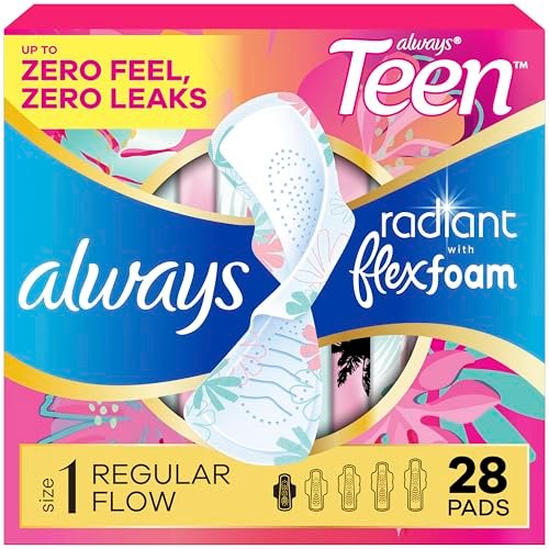 Always Radiant Teen-Pads, Größe 1, Normal, mit Flügeln, parfümfrei, 28 Stück