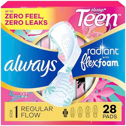 Always Radiant Teen-Pads, Größe 1, Normal, mit Flügeln, parfümfrei, 28 Stück