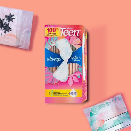 Always Radiant Teen-Pads, Größe 1, Normal, mit Flügeln, parfümfrei, 28 Stück