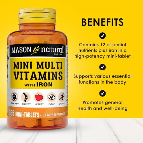 MASON NATURAL Mini Multi Vitamine mit Eisen, Vitamin A, C, D, E, B1, B2, B3, B6, B12, Folsäure und Calcium für die allgemeine Gesundheit, 365 Tabletten (1-Jahres-Vorrat)