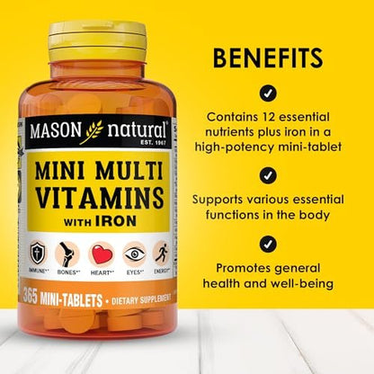 MASON NATURAL Mini Multi Vitamine mit Eisen, Vitamin A, C, D, E, B1, B2, B3, B6, B12, Folsäure und Calcium für die allgemeine Gesundheit, 365 Tabletten (1-Jahres-Vorrat)