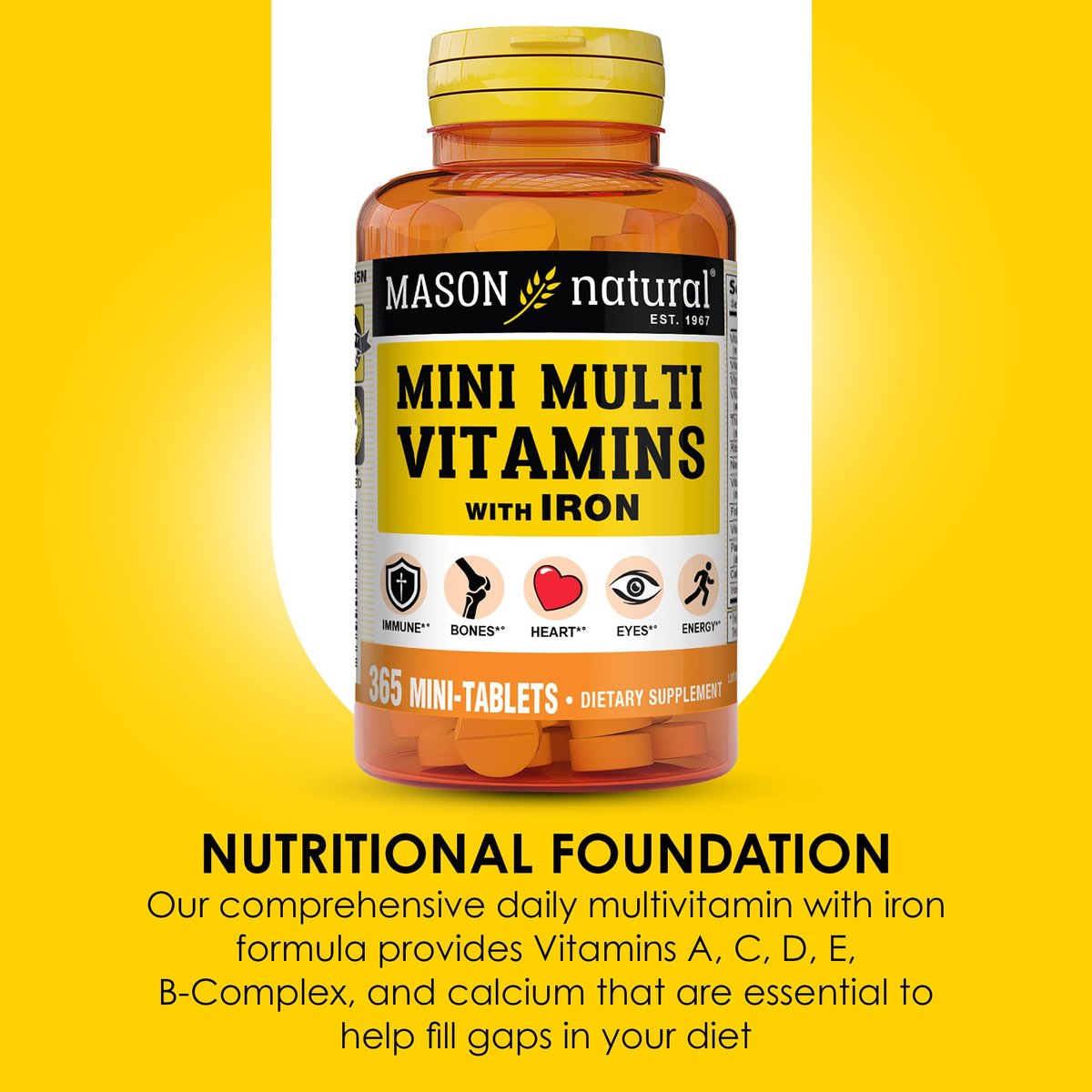 MASON NATURAL Mini Multi Vitamine mit Eisen, Vitamin A, C, D, E, B1, B2, B3, B6, B12, Folsäure und Calcium für die allgemeine Gesundheit, 365 Tabletten (1-Jahres-Vorrat)