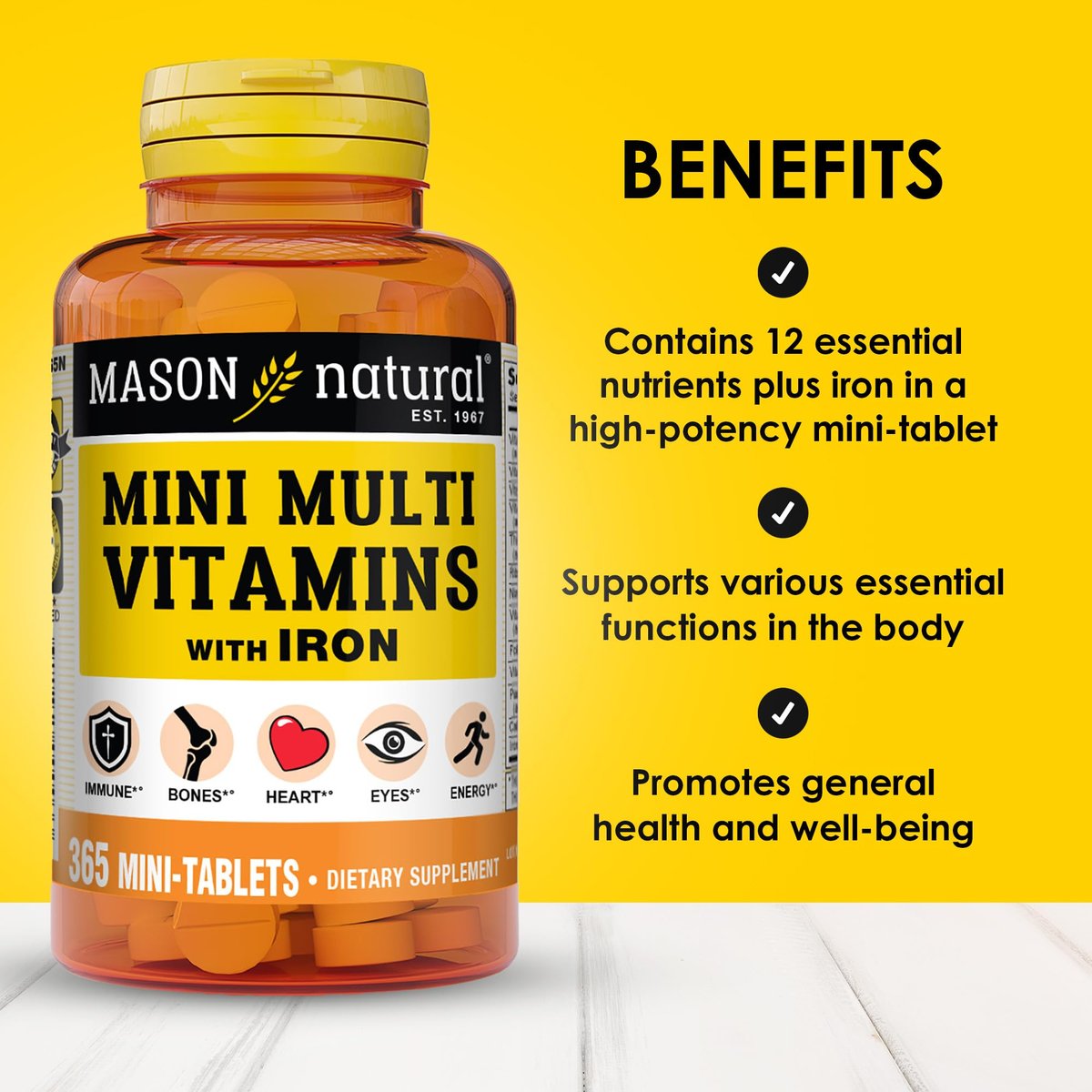 MASON NATURAL Mini Multi Vitamine mit Eisen, Vitamin A, C, D, E, B1, B2, B3, B6, B12, Folsäure und Calcium für die allgemeine Gesundheit, 365 Tabletten (1-Jahres-Vorrat)
