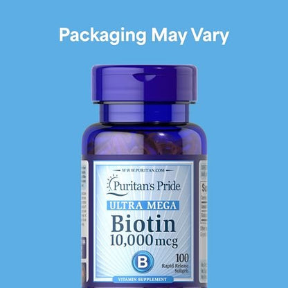 Puritan's Pride Premium Ultra Mega Biotin 10.000 mcg – Nahrungsergänzungsmittel für gesundes Haar, Haut, Nägel und Energiestoffwechsel – 100 Tage Vorrat, 100 Rapid Release Weichkapseln