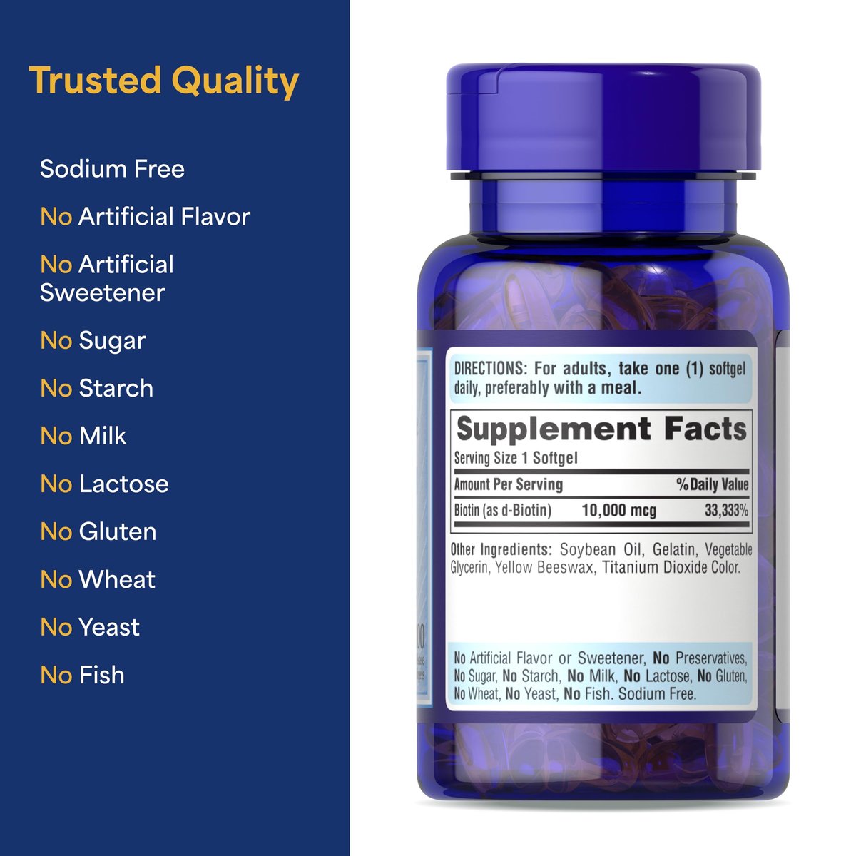 Puritan's Pride Premium Ultra Mega Biotin 10.000 mcg – Nahrungsergänzungsmittel für gesundes Haar, Haut, Nägel und Energiestoffwechsel – 100 Tage Vorrat, 100 Rapid Release Weichkapseln