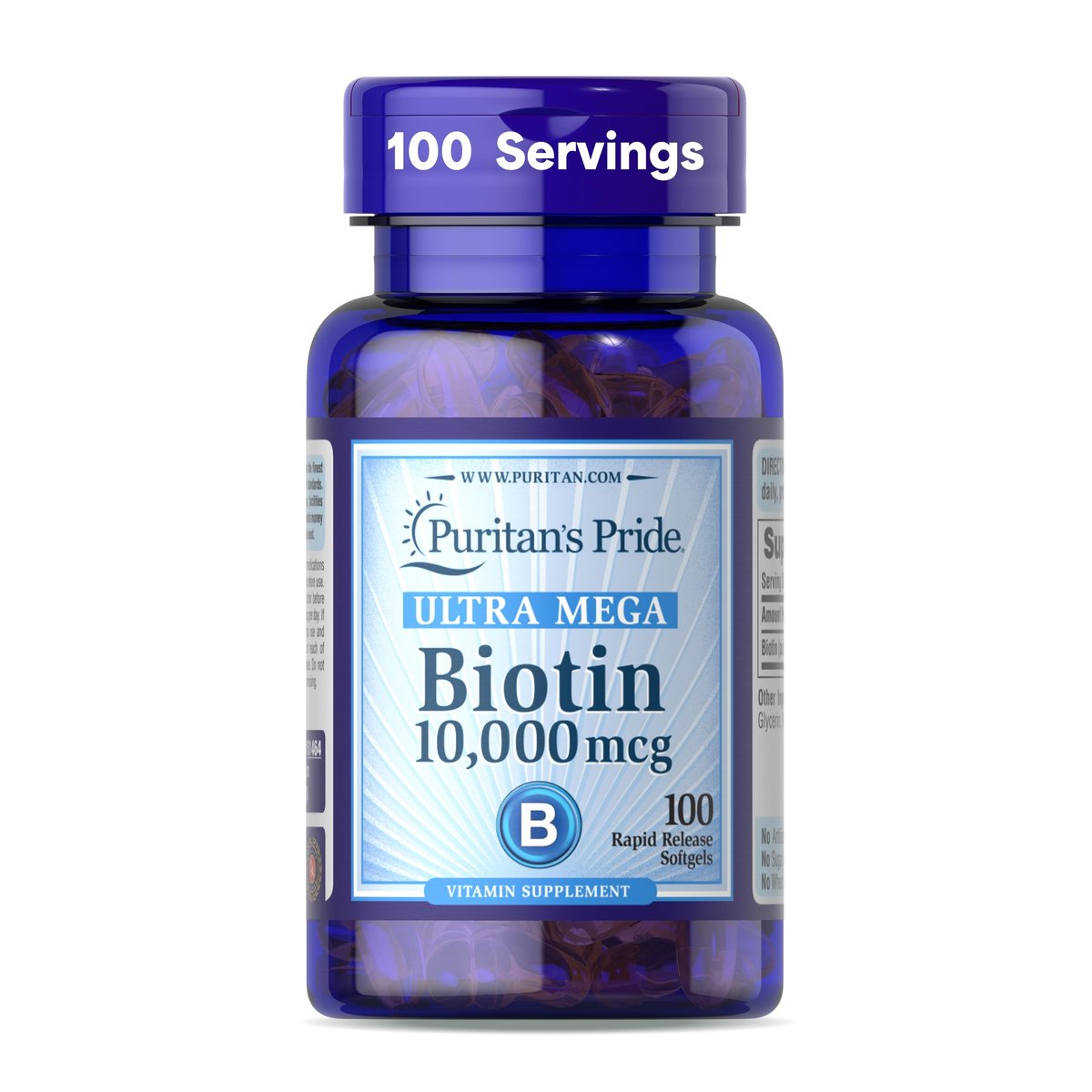 Puritan's Pride Premium Ultra Mega Biotin 10.000 mcg – Nahrungsergänzungsmittel für gesundes Haar, Haut, Nägel und Energiestoffwechsel – 100 Tage Vorrat, 100 Rapid Release Weichkapseln