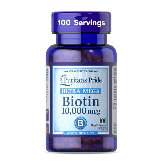 Puritan's Pride Premium Ultra Mega Biotin 10.000 mcg – Nahrungsergänzungsmittel für gesundes Haar, Haut, Nägel und Energiestoffwechsel – 100 Tage Vorrat, 100 Rapid Release Weichkapseln