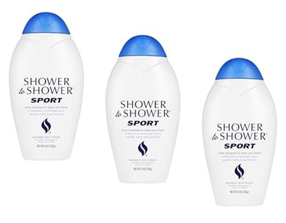 Shower to Shower Sport Body Powder für Männer & Frauen, Talkumfrei, Schweißabsorbierend, verhindert Reibung & Geruch, Deodorierendes Ganzkörperpuder für langanhaltende Frische, 8 Unzen (3er-Pack)