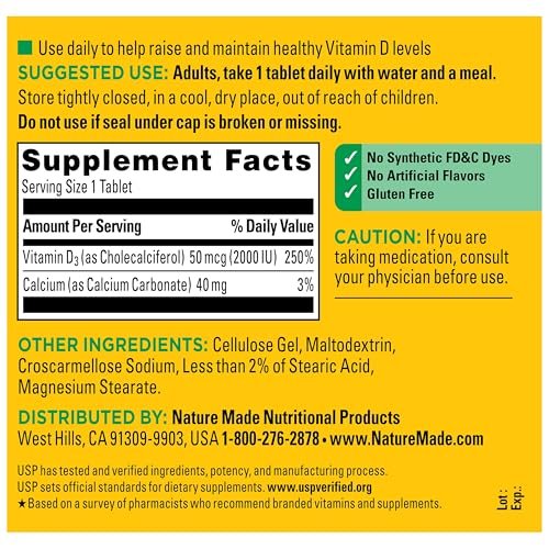 Nature Made Vitamin D3 2000 IE (50 µg) – 400 Tabletten, Vitamin D für Knochen-, Zahn-, Muskel- und Immununterstützung