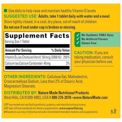 Nature Made Vitamin D3 2000 IE (50 µg) – 400 Tabletten, Vitamin D für Knochen-, Zahn-, Muskel- und Immununterstützung