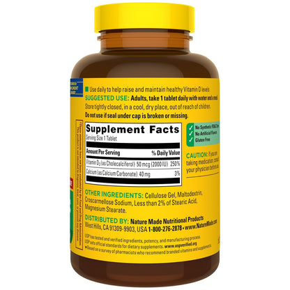 Nature Made Vitamin D3 2000 IE (50 µg) – 400 Tabletten, Vitamin D für Knochen-, Zahn-, Muskel- und Immununterstützung