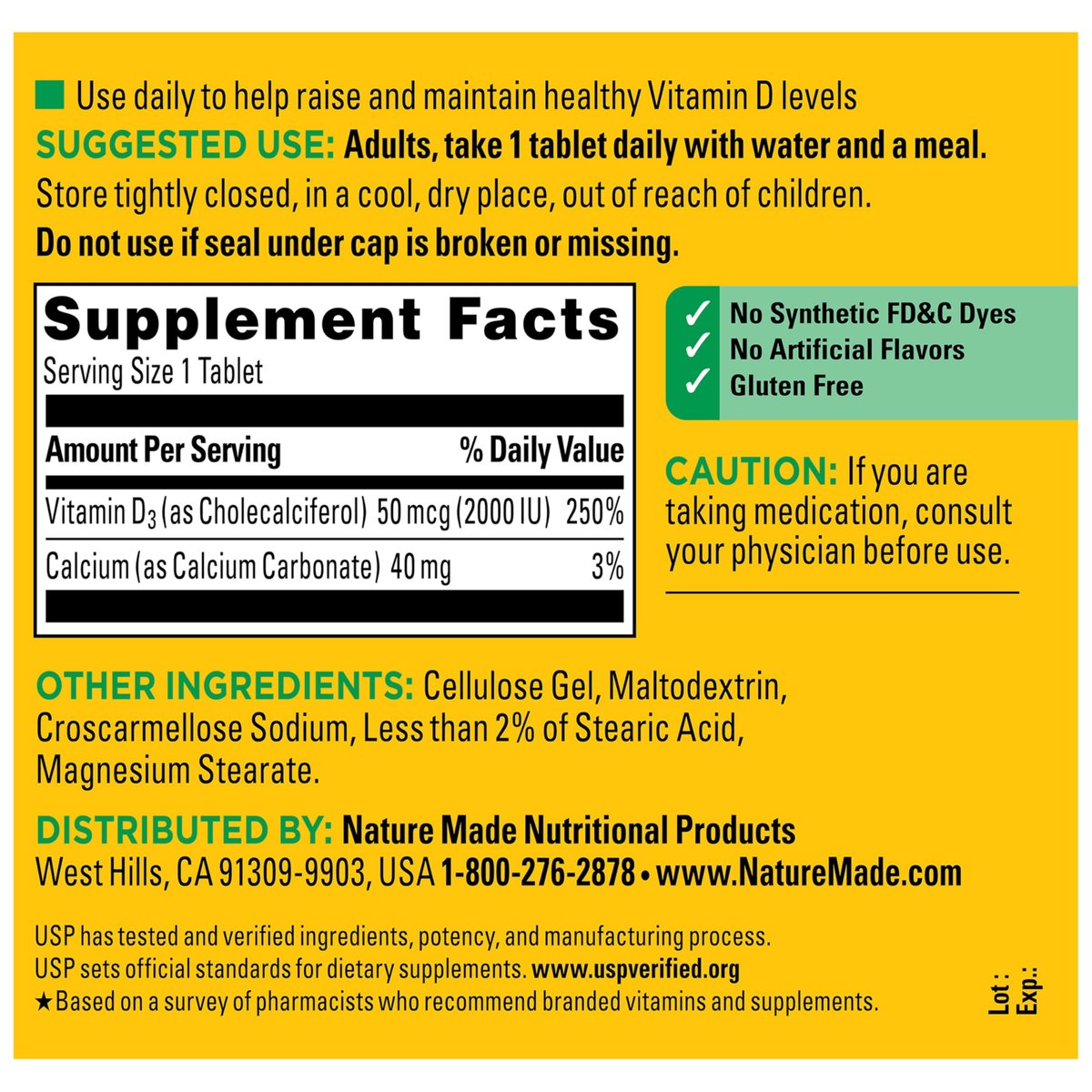 Nature Made Vitamin D3 2000 IE (50 µg) – 400 Tabletten, Vitamin D für Knochen-, Zahn-, Muskel- und Immununterstützung