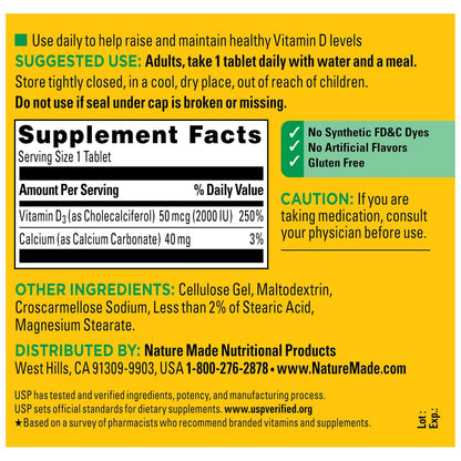 Nature Made Vitamin D3 2000 IE (50 µg) – 400 Tabletten, Vitamin D für Knochen-, Zahn-, Muskel- und Immununterstützung