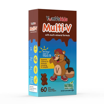 YUM-V'S Kinder Multivitamin Schokoladenbären – Immun- und Knochenunterstützung mit 16 Vitaminen & Mineralien, A, B-Komplex, Magnesium & Zink – Tägliche Kleinkind-Vitamine in Milchschokolade – 60 Stück, 1er-Pack