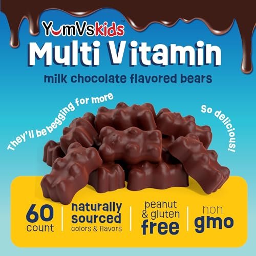 YUM-V'S Kinder Multivitamin Schokoladenbären – Immun- und Knochenunterstützung mit 16 Vitaminen & Mineralien, A, B-Komplex, Magnesium & Zink – Tägliche Kleinkind-Vitamine in Milchschokolade – 60 Stück, 1er-Pack