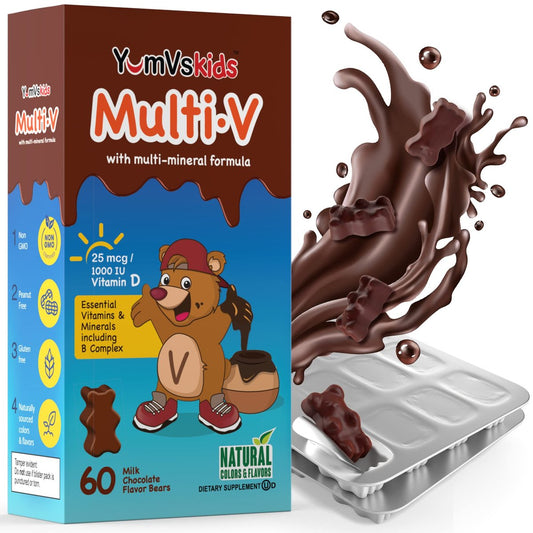 YUM-V'S Kinder Multivitamin Schokoladenbären – Immun- und Knochenunterstützung mit 16 Vitaminen & Mineralien, A, B-Komplex, Magnesium & Zink – Tägliche Kleinkind-Vitamine in Milchschokolade – 60 Stück, 1er-Pack