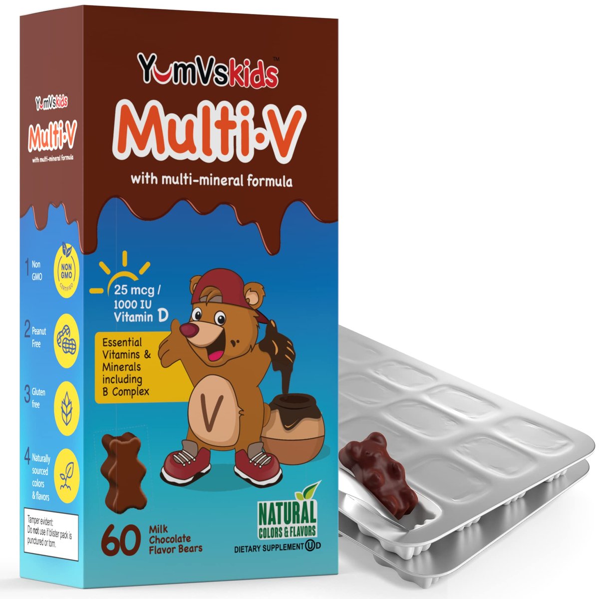 YUM-V'S Kinder Multivitamin Schokoladenbären – Immun- und Knochenunterstützung mit 16 Vitaminen & Mineralien, A, B-Komplex, Magnesium & Zink – Tägliche Kleinkind-Vitamine in Milchschokolade – 60 Stück, 1er-Pack