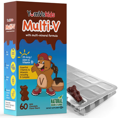 YUM-V'S Kinder Multivitamin Schokoladenbären – Immun- und Knochenunterstützung mit 16 Vitaminen & Mineralien, A, B-Komplex, Magnesium & Zink – Tägliche Kleinkind-Vitamine in Milchschokolade – 60 Stück, 1er-Pack