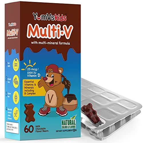 YUM-V'S Kinder Multivitamin Schokoladenbären – Immun- und Knochenunterstützung mit 16 Vitaminen & Mineralien, A, B-Komplex, Magnesium & Zink – Tägliche Kleinkind-Vitamine in Milchschokolade – 60 Stück, 1er-Pack