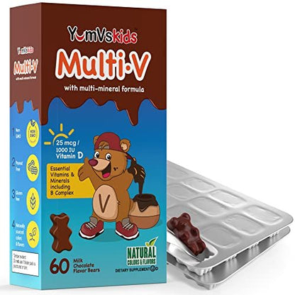 YUM-V'S Kinder Multivitamin Schokoladenbären – Immun- und Knochenunterstützung mit 16 Vitaminen & Mineralien, A, B-Komplex, Magnesium & Zink – Tägliche Kleinkind-Vitamine in Milchschokolade – 60 Stück, 1er-Pack