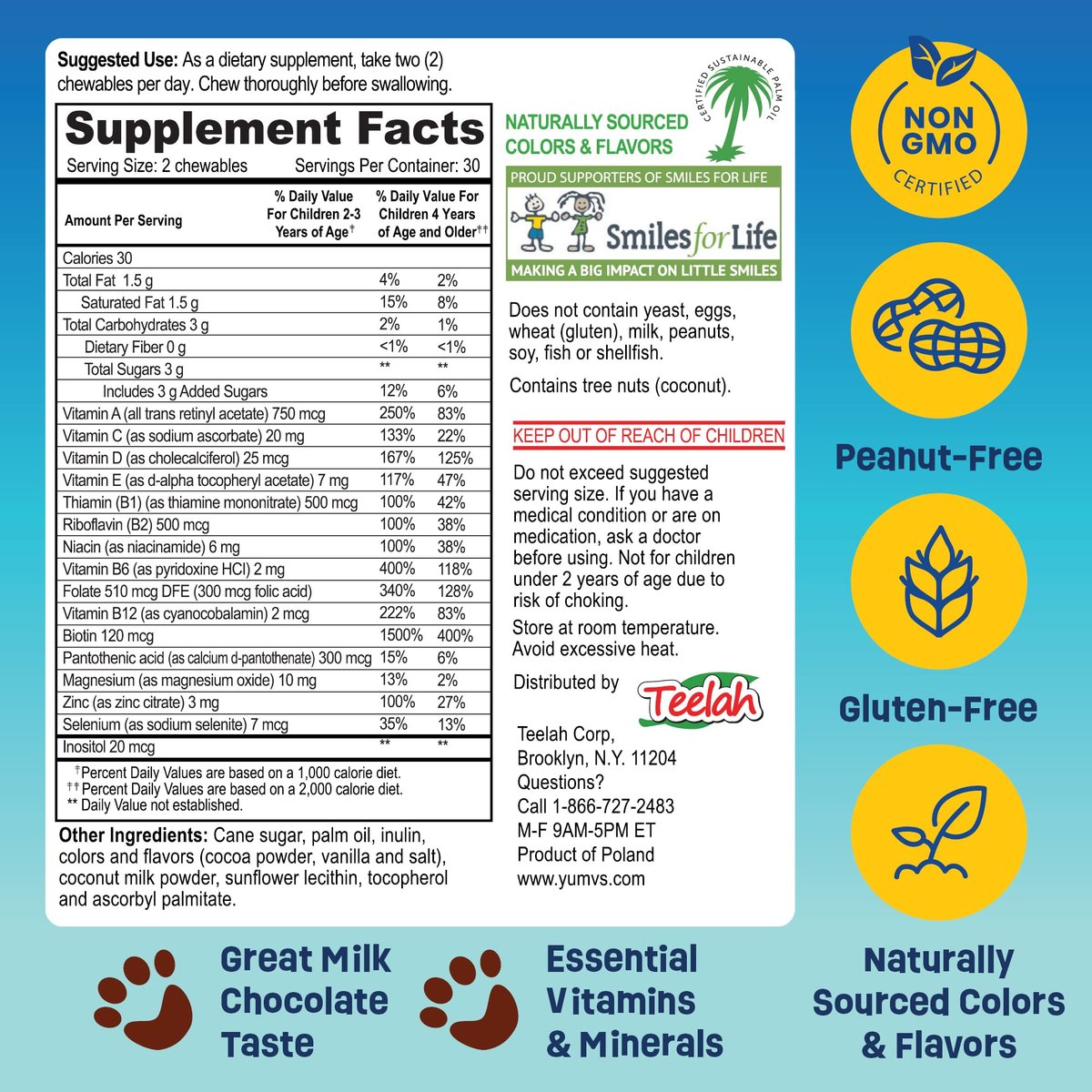 YUM-V'S Kinder Multivitamin Schokoladenbären – Immun- und Knochenunterstützung mit 16 Vitaminen & Mineralien, A, B-Komplex, Magnesium & Zink – Tägliche Kleinkind-Vitamine in Milchschokolade – 60 Stück, 1er-Pack