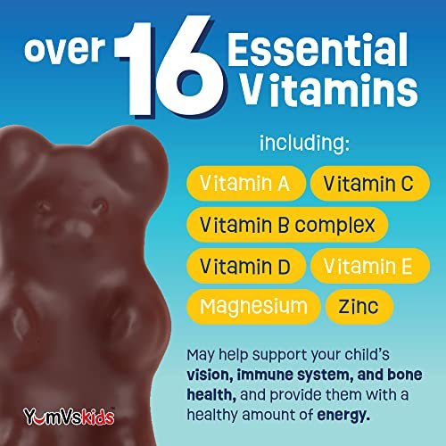YUM-V'S Kinder Multivitamin Schokoladenbären – Immun- und Knochenunterstützung mit 16 Vitaminen & Mineralien, A, B-Komplex, Magnesium & Zink – Tägliche Kleinkind-Vitamine in Milchschokolade – 60 Stück, 1er-Pack
