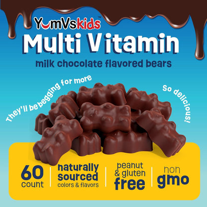 YUM-V'S Kinder Multivitamin Schokoladenbären – Immun- und Knochenunterstützung mit 16 Vitaminen & Mineralien, A, B-Komplex, Magnesium & Zink – Tägliche Kleinkind-Vitamine in Milchschokolade – 60 Stück, 1er-Pack