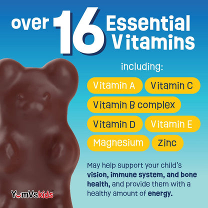 YUM-V'S Kinder Multivitamin Schokoladenbären – Immun- und Knochenunterstützung mit 16 Vitaminen & Mineralien, A, B-Komplex, Magnesium & Zink – Tägliche Kleinkind-Vitamine in Milchschokolade – 60 Stück, 1er-Pack