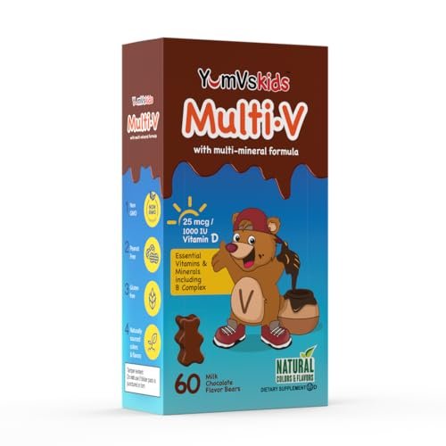 YUM-V'S Kinder Multivitamin Schokoladenbären – Immun- und Knochenunterstützung mit 16 Vitaminen & Mineralien, A, B-Komplex, Magnesium & Zink – Tägliche Kleinkind-Vitamine in Milchschokolade – 60 Stück, 1er-Pack