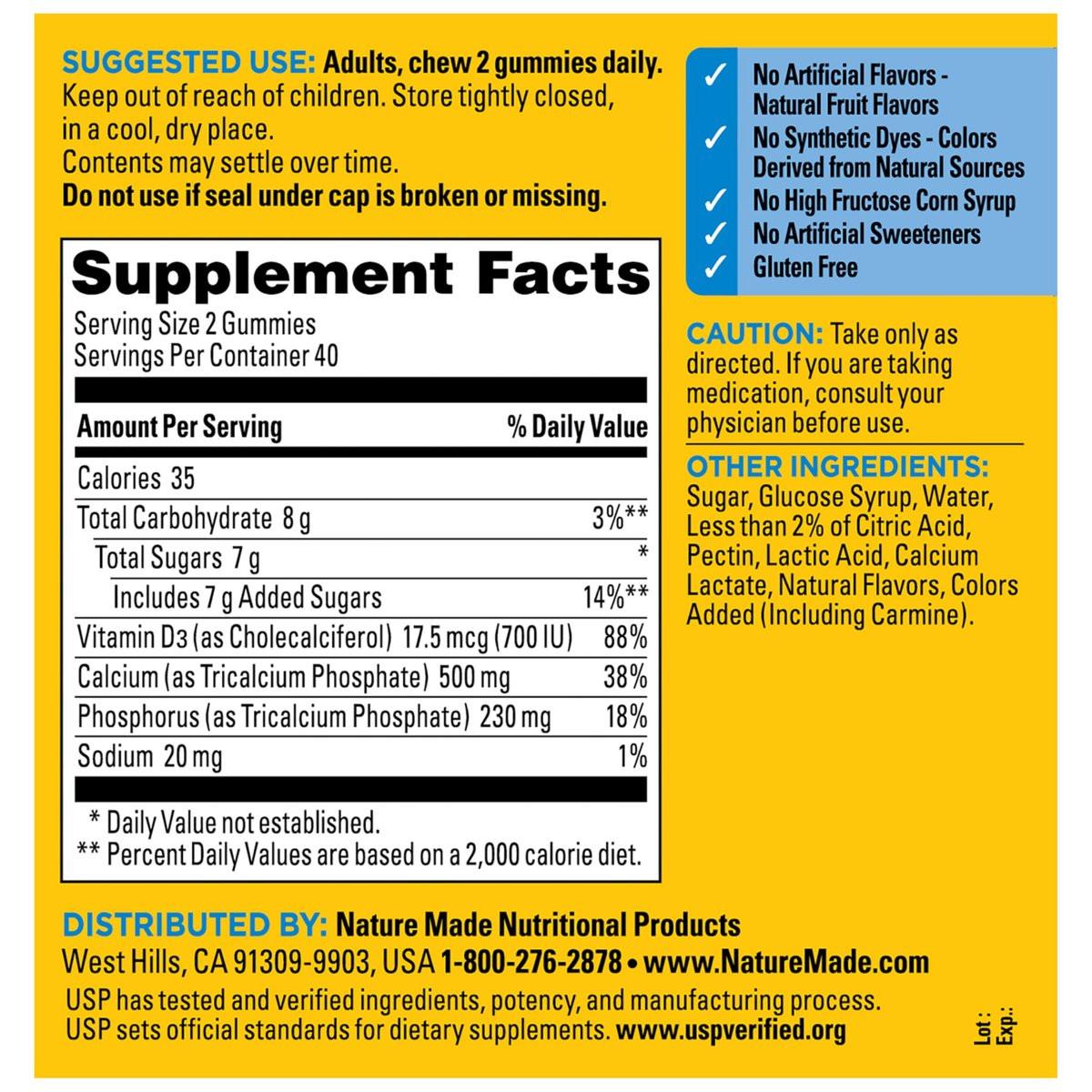 Nature Made Calcium Gummies mit Vitamin D3 – 500 mg pro Portion, 80 Gummibärchen, 40 Tage Vorrat