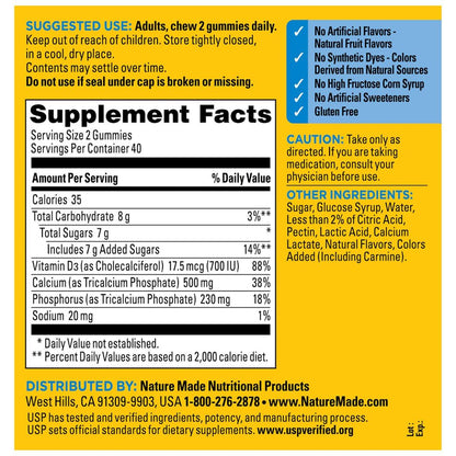 Nature Made Calcium Gummies mit Vitamin D3 – 500 mg pro Portion, 80 Gummibärchen, 40 Tage Vorrat