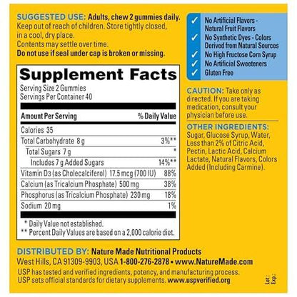 Nature Made Calcium Gummies mit Vitamin D3 – 500 mg pro Portion, 80 Gummibärchen, 40 Tage Vorrat
