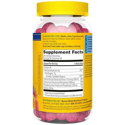 Nature Made Calcium Gummies mit Vitamin D3 – 500 mg pro Portion, 80 Gummibärchen, 40 Tage Vorrat